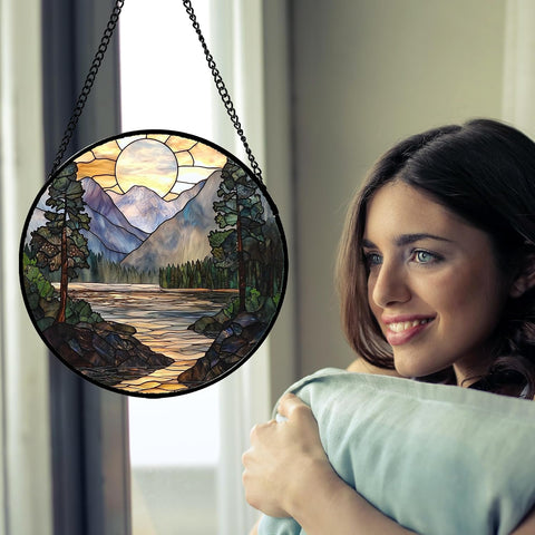 Mountain Lake Stained Glass Window Hanging Suncatcher Gifts for Women 6.3"