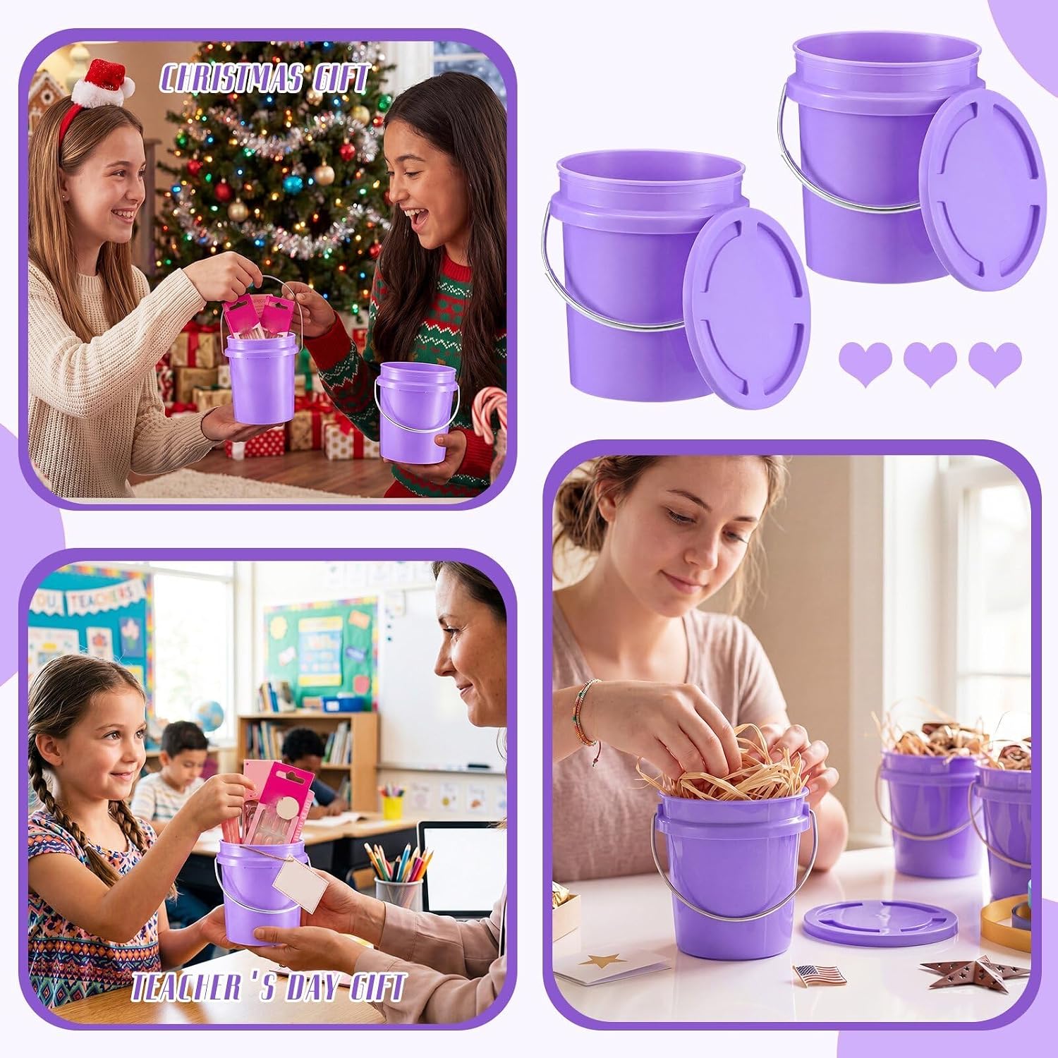 Hushee 12 Pcs Mini Plastic Buckets with Lids, 0.4 Quart, Purple