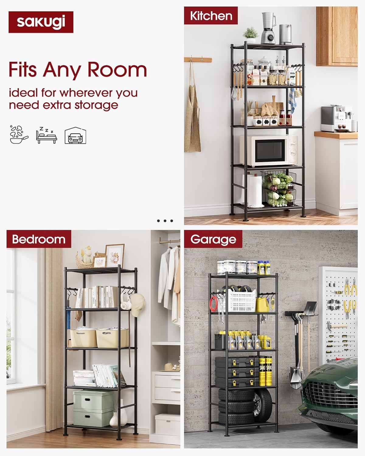 Sakugi 5-Tier Storage Rack Organizer with Hooks, Heavy Duty Metal Garage Rack with Leveling Feet, Freestanding Utility Rack for Bedroom, Balcony and Garage, 18.1"×12.4"×56.8", Black