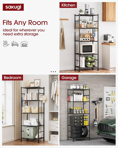Sakugi 5-Tier Storage Rack Organizer with Hooks, Heavy Duty Metal Garage Rack with Leveling Feet, Freestanding Utility Rack for Bedroom, Balcony and Garage, 18.1"×12.4"×56.8", Black