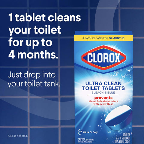 Clorox Ultra Clean Toilet Tablets Bleach & Blue, Rain Clean Scent, 2.47 Ounces Each, 4 Count (Package May Vary)