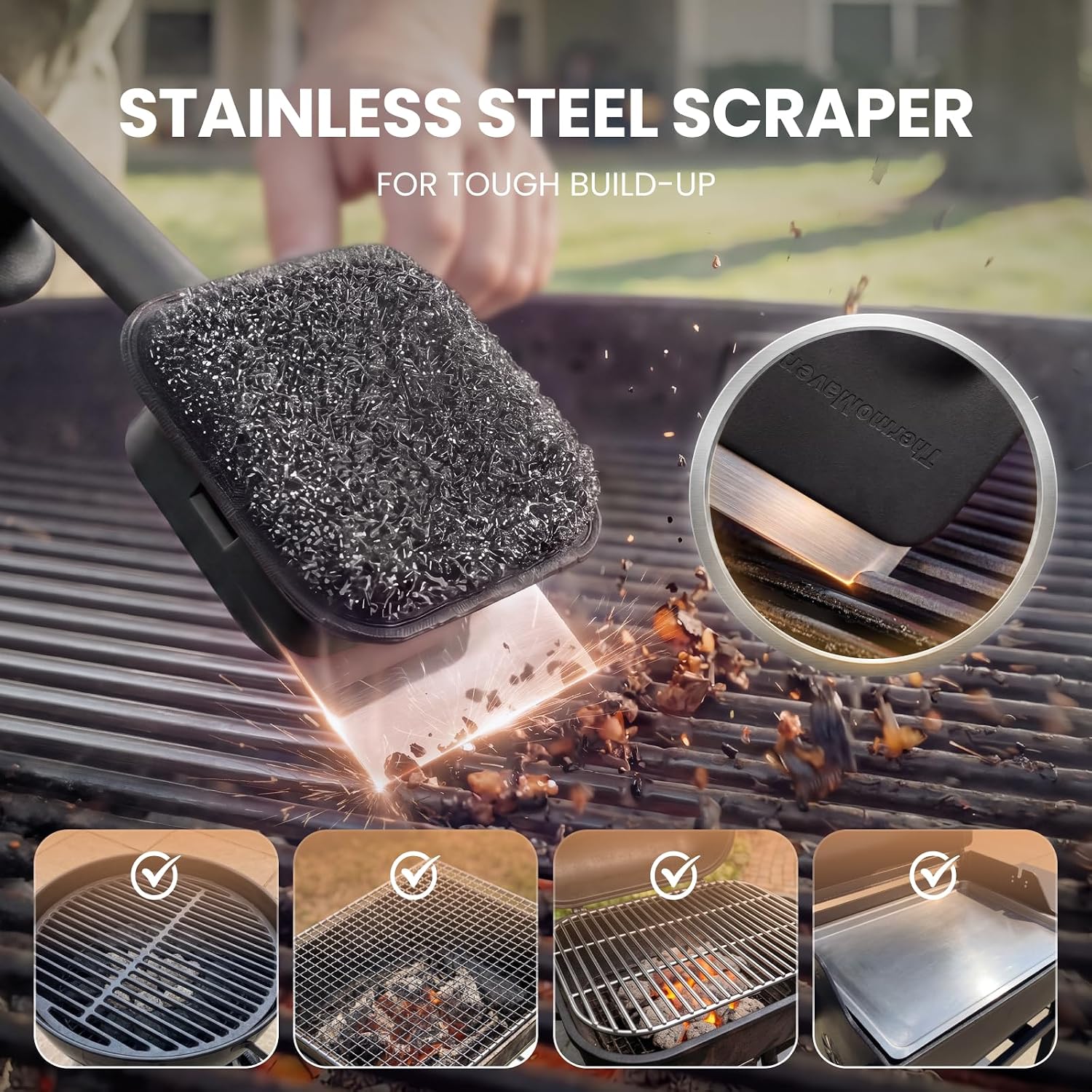 ThermoMaven Bristle-Free BBQ Grill Brush - No Wire Risk Steam Cleaner Removes Burnt Grease Fast - 17" Cool-Touch Handle, Scraper & 3 Replaceable Heads for Gas, Charcoal & Cast Iron