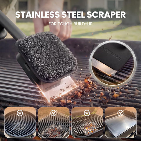ThermoMaven Bristle-Free BBQ Grill Brush - No Wire Risk Steam Cleaner Removes Burnt Grease Fast - 17" Cool-Touch Handle, Scraper & 3 Replaceable Heads for Gas, Charcoal & Cast Iron