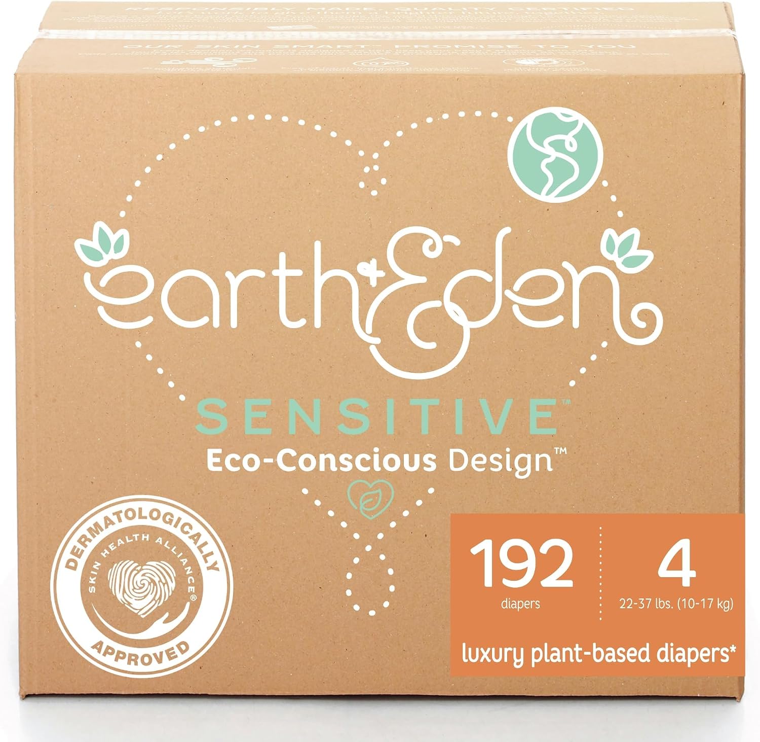 Earth & Eden Sensitive Baby Diapers, Size 4, No Harsh Chemicals, 192 ct