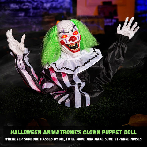 Halloween Animatronics Clown Decorations Outdoor, Animated Groundbreaker Clown Scary Talking Clowns with Sound & Motion Activated, Lighted Eyes, Creepy Sound, Movable Arms for Graveyard Haunted House