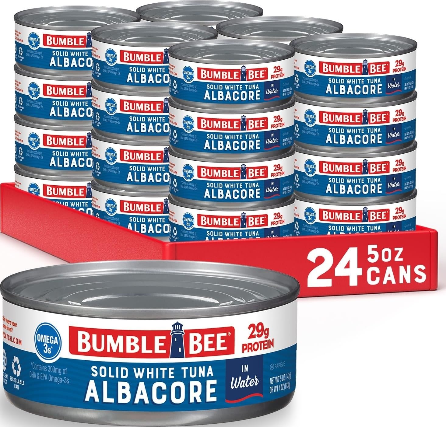 Bumble Bee Solid White Albacore Tuna in Water, 5 oz (Pack of 24) | Wild Caught Tuna, 29g Protein per Can, High in Omega-3s, Non-GMO, Gluten Free, Kosher