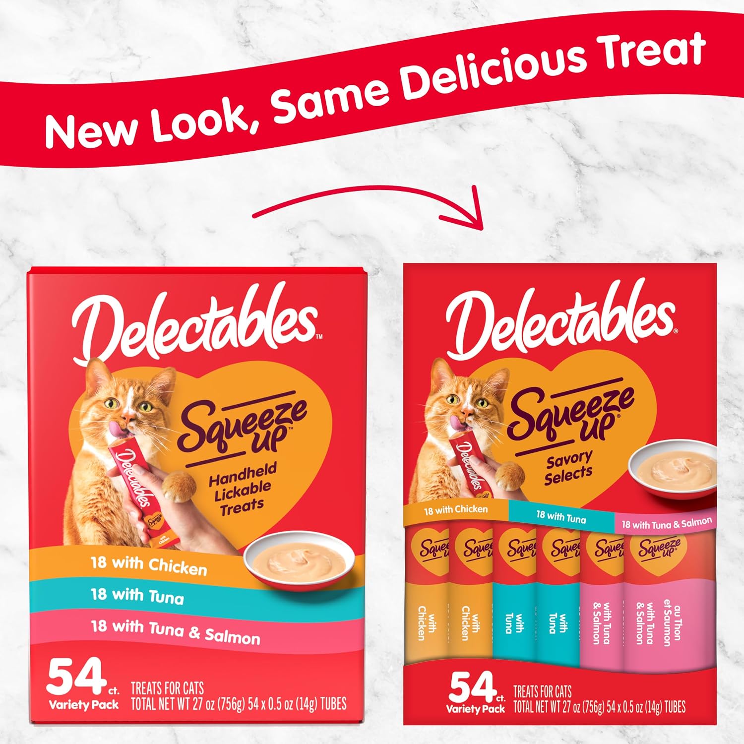 Delectables Squeeze Up Variety Pack, Creamy Squeezable Puree, Lickable Wet Cat Treats, Grain Free, No Fillers, by-Products, Preservatives, 0.5 Ounces Tube, 54 Tubes Total