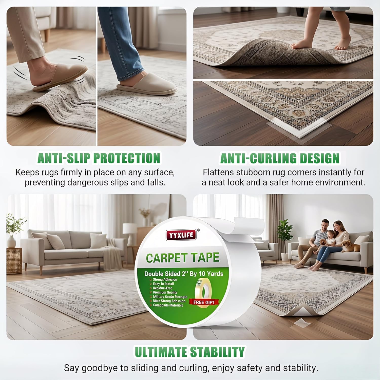 YYXLIFE Double Sided Carpet Tape for Area Rugs & Hardwood Floors, 2" x10YD