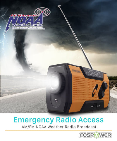 FosPower Emergency Weather Radio (Model A1) NOAA/AM/FM with 7400mWh Portable Power Bank, USB/Solar/Hand Crank Charging, Battery Operated, SOS Alarm & Flashlight for Indoor/Outdoor Emergencies