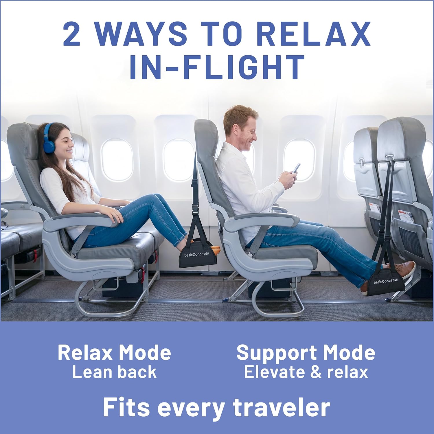 BASIC CONCEPTS Airplane Foot Hammock for Plane Travel Essentials - Airplane Travel Essentials, Long Flight Foot Rest - Plane Gadgets