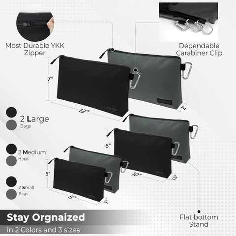 COREFLEX Premium Tool Pouch Zipper Bag, Small Tool Bag, Multipurpose Storage pouch, Heavy duty Flat Bottom Tool bag with YKK Zipper (6 pack Combo mixed size Black &Grey)