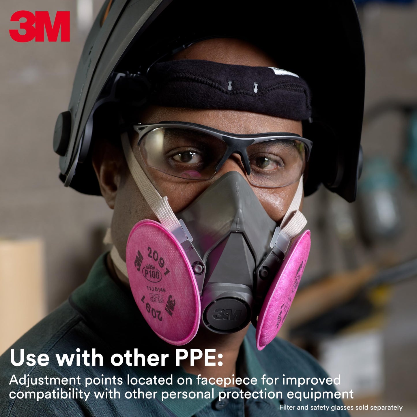 3M Half Facepiece Reusable Respirator 6200, NIOSH, Four-Point Harness, Comfortable Fit, Dual Airline Supplied Air Compatible, Bayonet Connections, Painting, Sanding, Cleaning, Medium