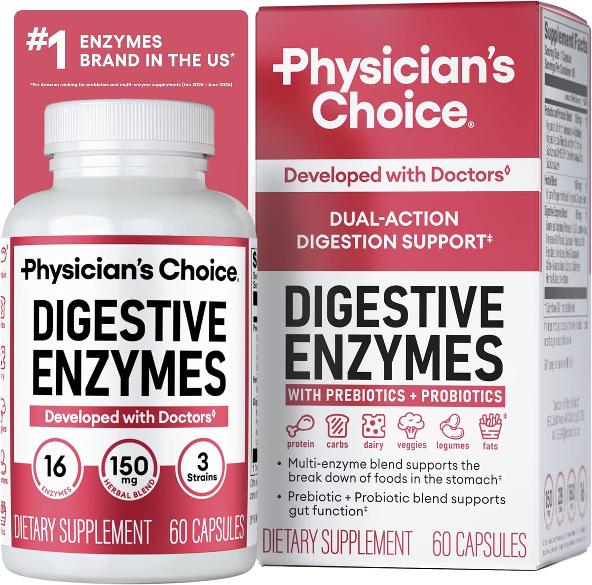 Physician's CHOICE Digestive Enzymes for Bloating & Digestion - Fast-Acting 16 Enzyme Formula with Organic Prebiotics & Probiotics for Gut & Digestive Health - Meal Time Discomfort Relief - 60 CT