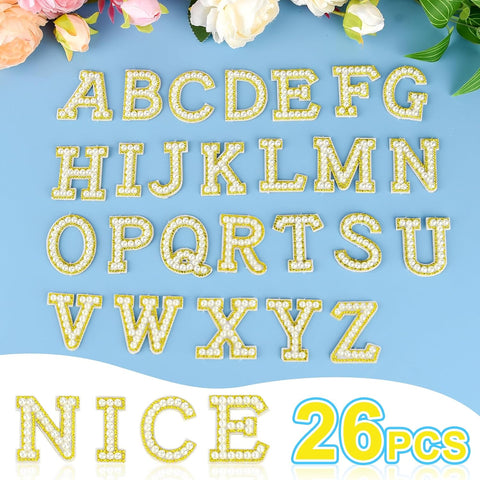 ASTARON 26 Self Adhesive Letter Patches Pearl Rhinestone Letter Stickers
