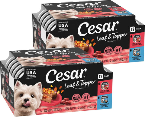 Cesar Loaf & Topper Wet Dog Food, Bacon Feast, 3.5 oz, 12 Count, 2-Pack