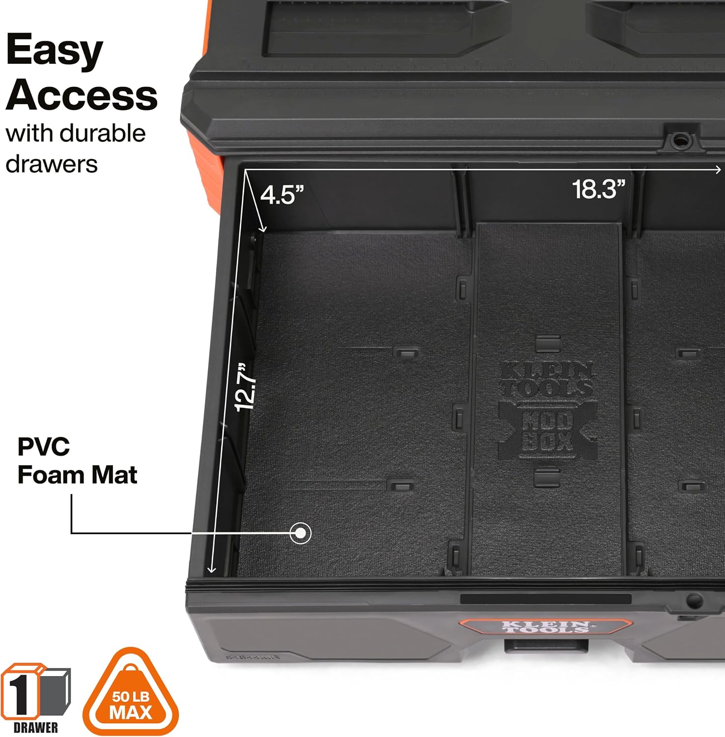 Klein Tools 54844MB MODbox Compact Single Drawer Box Full Width, Tool Storage Drawer with Ball Bearing Slides, Dividers Included, PVC Foam Mat