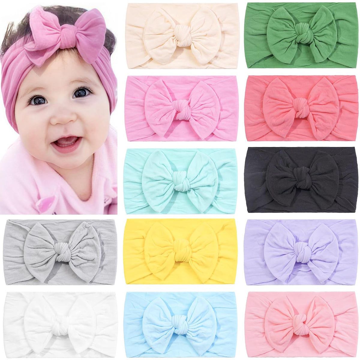 CÉLLOT Super Stretchy Knot Baby Girl Headbands with Hair Bows for Newborn