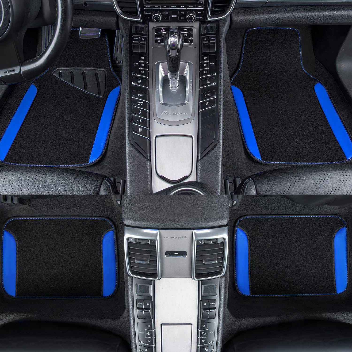 CAR PASS Rainbow Waterproof Universal Fit Faux Leather Car Carpet- Anti-Slip Nibbed Backing Floor Mats for SUV, Vans, Sedans, Trucks, Automotive Set of 4pcs (Black with Blue)