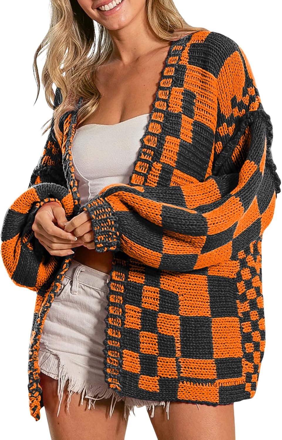 SELINK Women's Chunky Cardigan Sweater Colorful Checkered