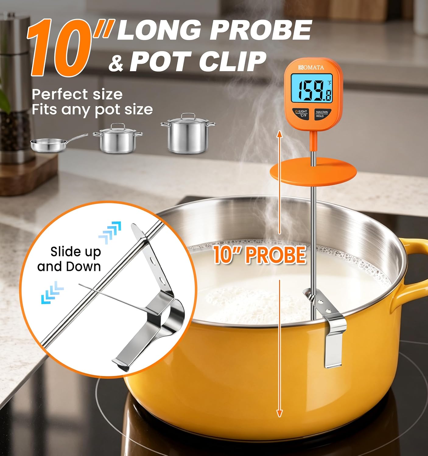 BOMATA Digital Candy Thermometer with Pot Clip, 10" Probe, IPX6 Waterproof