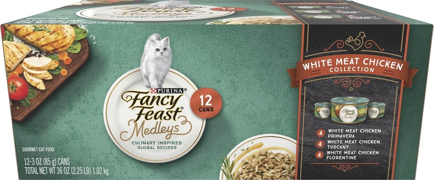 Purina Fancy Feast Wet Cat Food Variety Pack, Medleys White Meat Chicken in Sauce Collection - (Pack of 12) 3 oz. Cans
