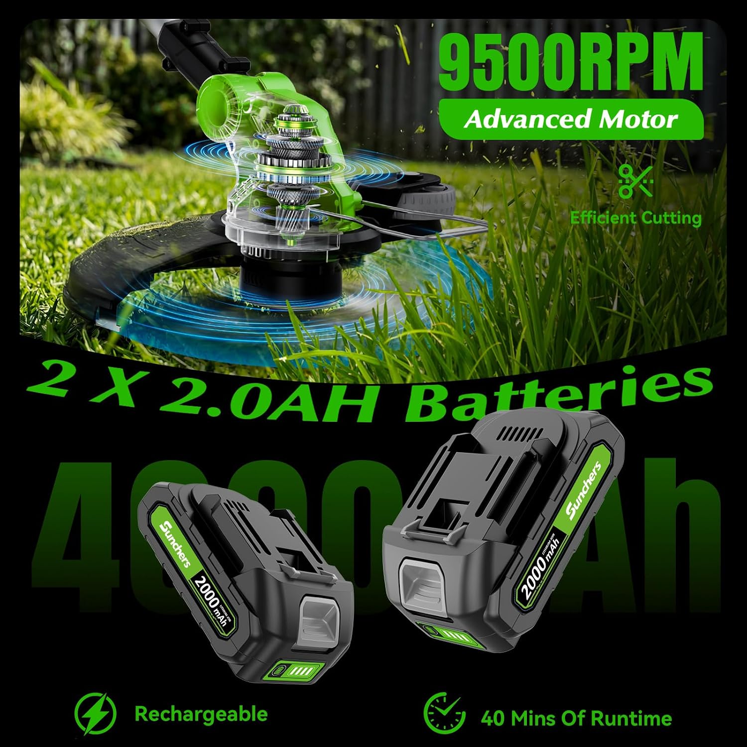 20V Electric Weed Wacker Edger Lawn Tool, Battery Powered Weed Eater 12-Inch Cordless String Trimmer Grass Trimmer Lightweight Yard Tools for Garden, Lawn Mower Cutter 2.0Ah Battery and Charger Green