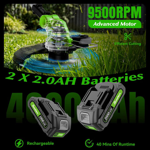 20V Electric Weed Wacker Edger Lawn Tool, Battery Powered Weed Eater 12-Inch Cordless String Trimmer Grass Trimmer Lightweight Yard Tools for Garden, Lawn Mower Cutter 2.0Ah Battery and Charger Green