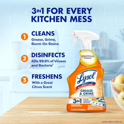 Lysol All Purpose Kitchen Cleaner Spray, For Grease & Grime, Citrus, 22 oz