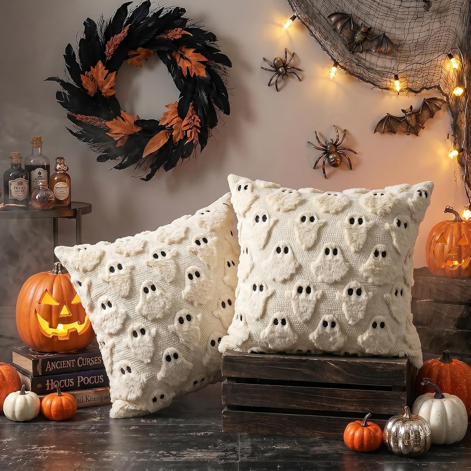 Halloween Pillow Covers 16x16 inch 2Pcs Beige Ghost Halloween Decor