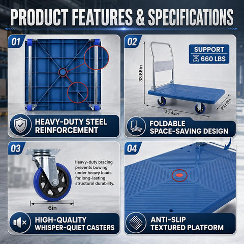 Doppy Push Cart Dolly 660 lbs, Foldable Moving Platform Truck with Swivel Wheels for Loading, Storage, Warehouse