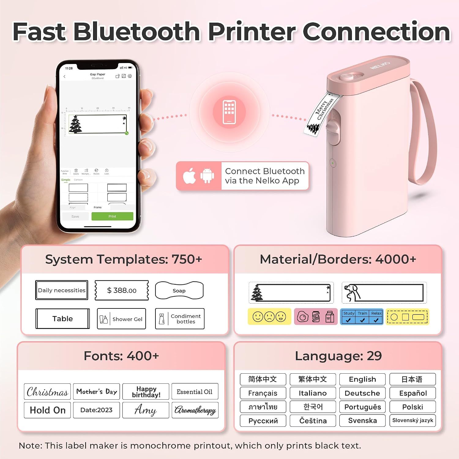 Nelko P21 Label Maker Machine with Tape, Bluetooth Label Printer, Pink