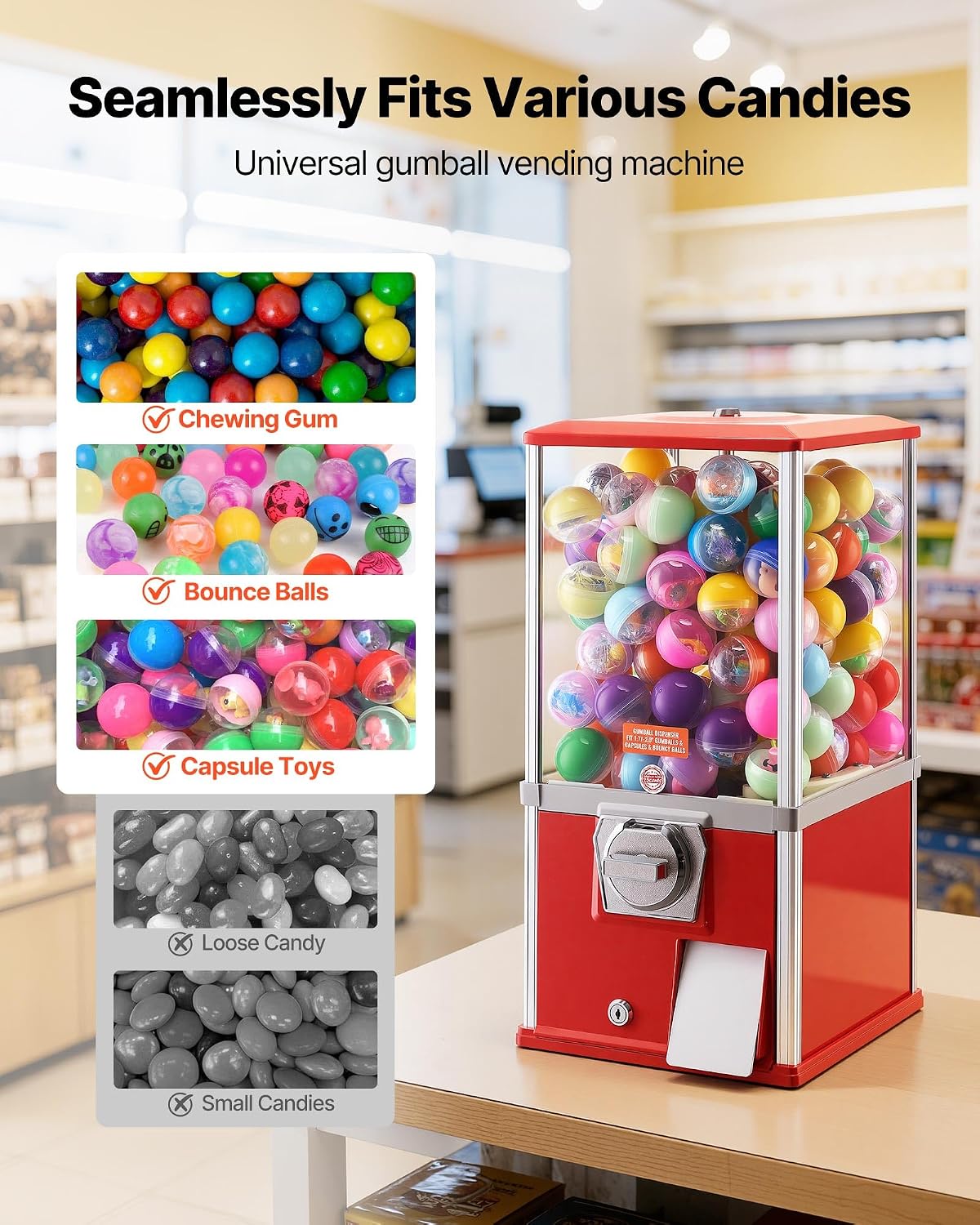VEVOR Gumball Machine, 21 inch Candy Vending Machine Dispenser, 25-Cent Vending Machines for Shopping Malls, Supermarkets, Amusement Parks, Arcades, Holds Up to 180 1.77 inch Spherical Candies