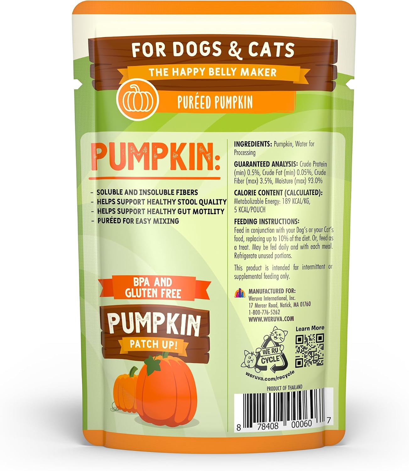 Weruva Pumpkin Patch Up! Pumpkin Puree Pet Food Supplement for Dogs & Cats, 1.05oz Pouch (Pack of 48)