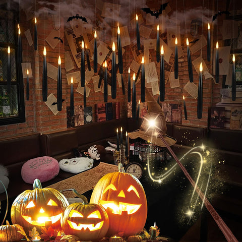Enpornk 36 Pcs Black LED Magic Hanging Floating Candles, Taper Flickering Flameless with 2 Magic Wands - Candle Set for Halloween, Party