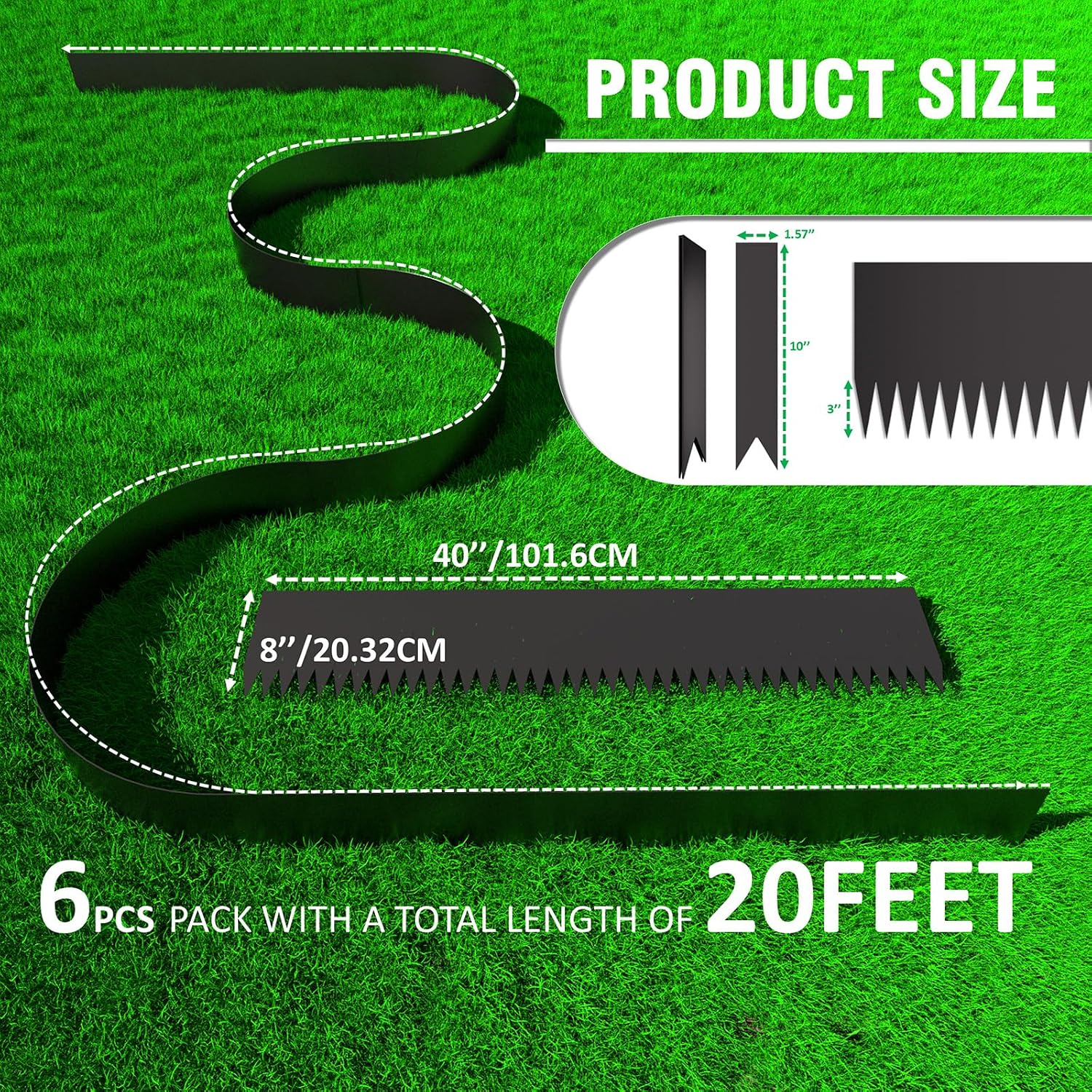 20ft. 6-Pack Galvanized Metal Edging for Landscaping - 40" L x 8" H Metal Landscape Edging with 6 Stakes, Hammer-in Steel Garden Border for Flower beds, Lawn & Yard (Black)