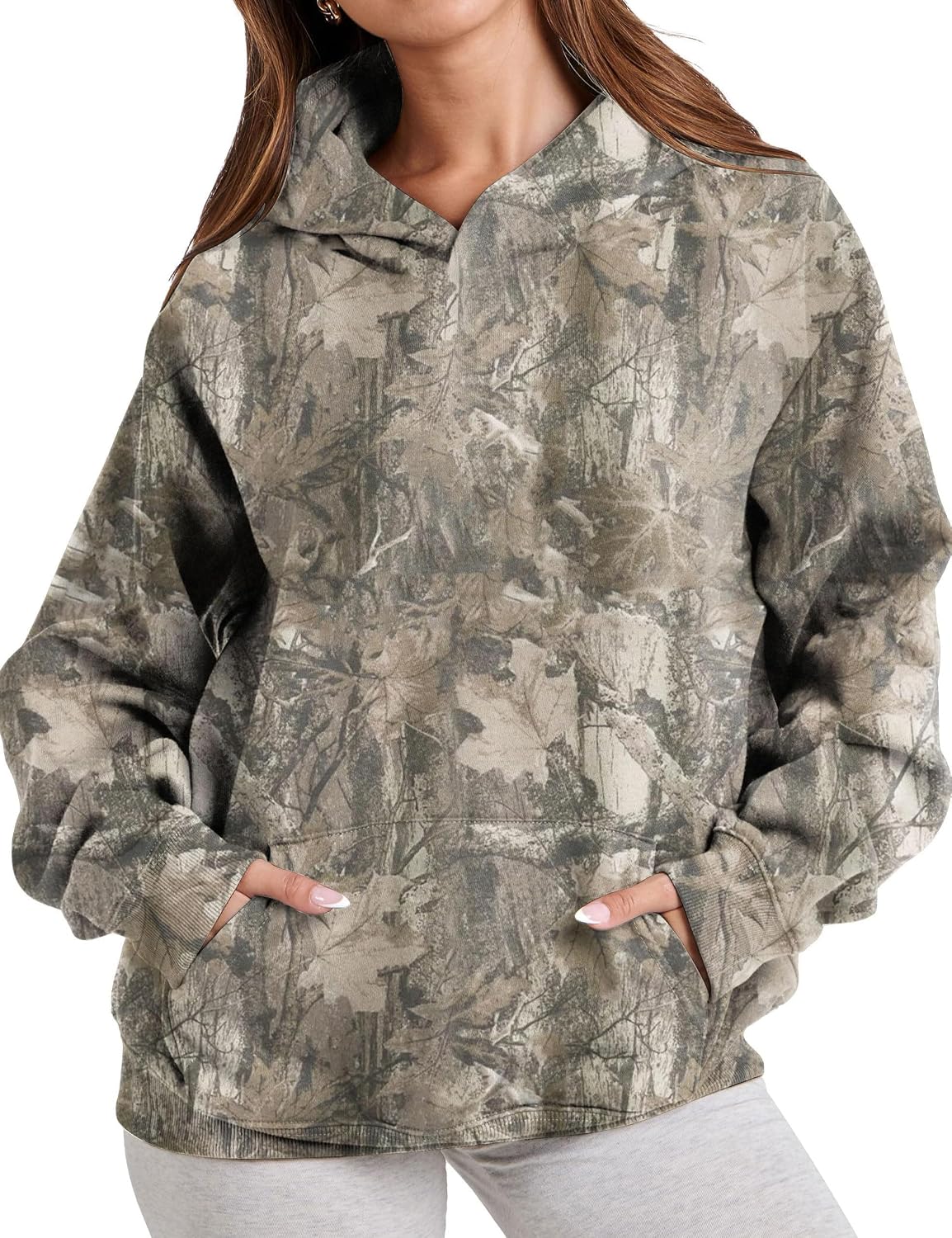 Womens Oversized Camo Hoodie Y2k Maple Leaf Print Fleece Hooded Pullover Sweatshirt Casual Long Sleeve Fall Outfits