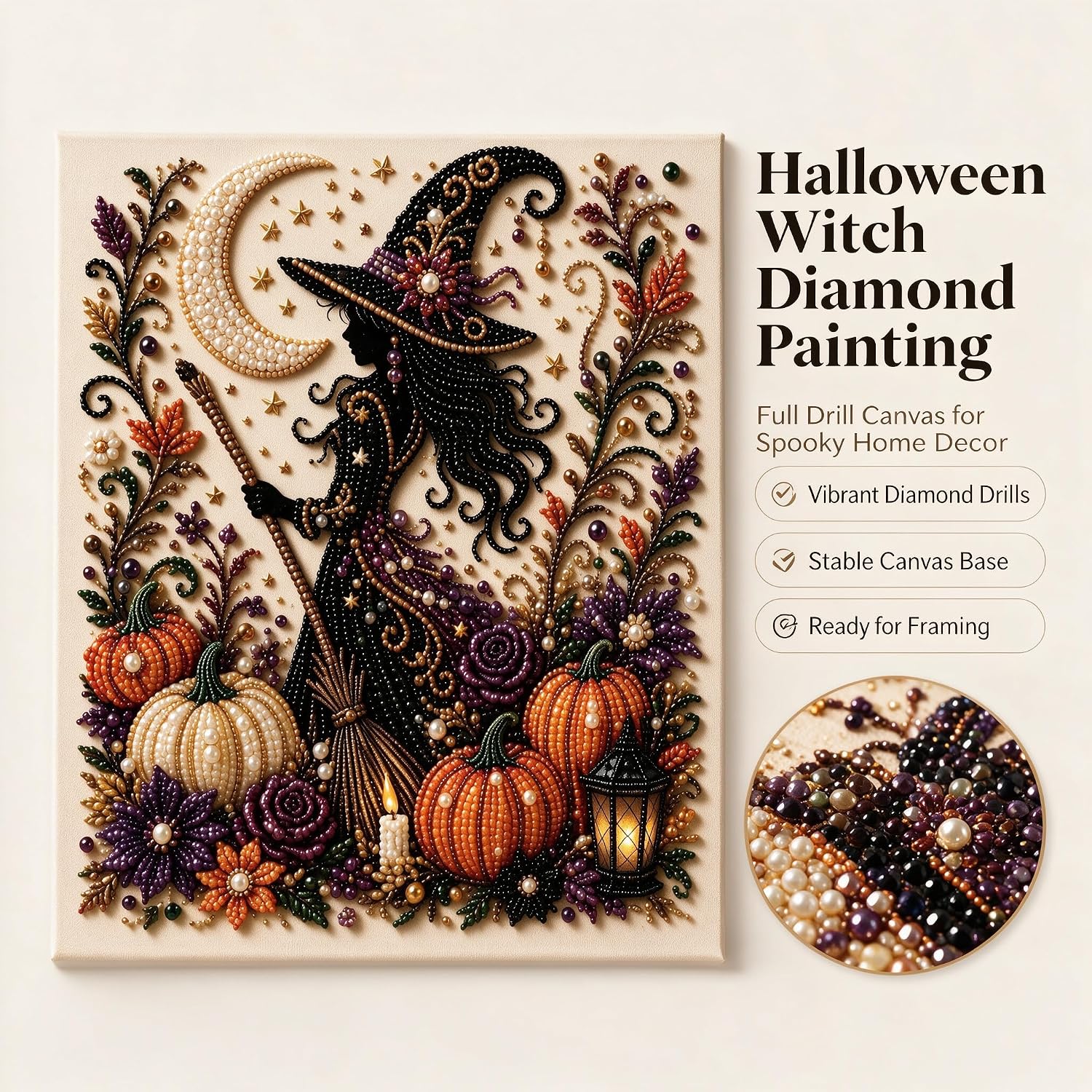 JOYGIEE Halloween Ghost Pearl Art DIY Kit, Spooky Cute 3D Diamond Painting Crafts for Adults, 11.8 * 11.8ines No Frame, DIY Fall Home Decor Wall Art, Beginner DIY Seasonal Party Gift (Witch)
