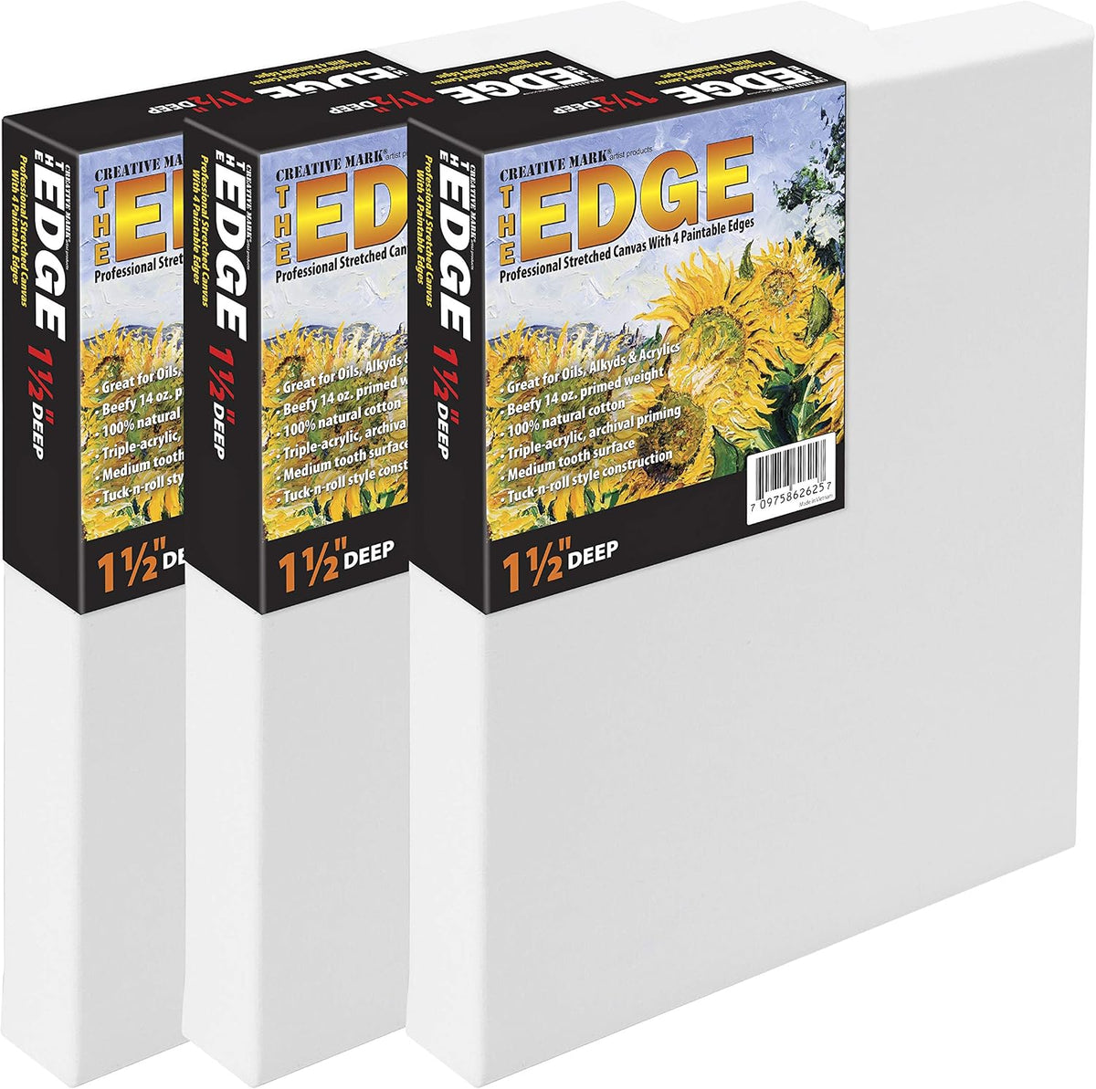 Creative Mark The Edge Deluxe Cotton 1-1/2" Deep Stretched Canvas for Painting, 12x12 Pack of 3, 14oz. Primed Weight, Universal Archival Priming, Medium Tooth, Hand-Stretched Canvas for Painters