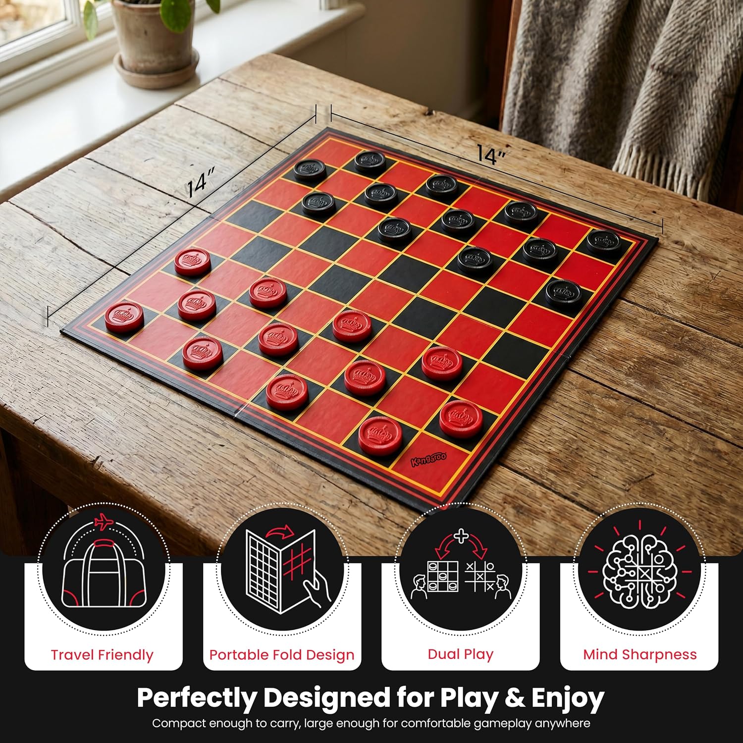 Kangaroo - Multiplayers Strategy Checker Board Game for Kids & Adults - Portable Educational Travel Cardboard Checkers - Includes Large Board w/ 24 Checkers (12 Red and 12- Black) 15x15 Inches
