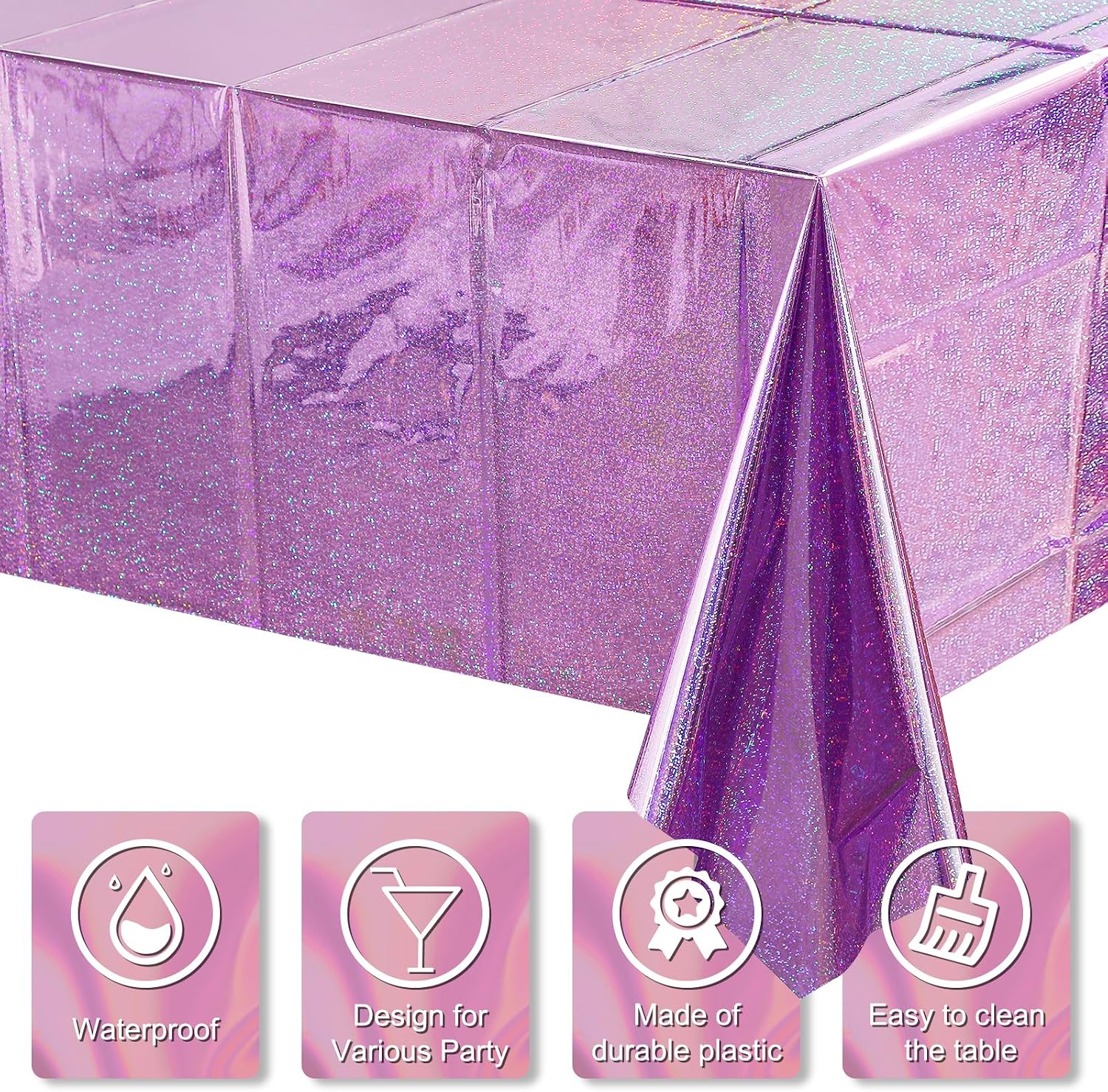 4 Pack Iridescent Light Purple Plastic Tablecloths Shiny Disposable Laser Rectangle Table Covers Holographic Foil Tablecloth Iridescent Kpop Birthday Bridal Wedding Party Decoration, 54 x 108 Inch