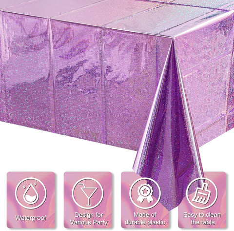 4 Pack Iridescent Light Purple Plastic Tablecloths Shiny Disposable Laser Rectangle Table Covers Holographic Foil Tablecloth Iridescent Kpop Birthday Bridal Wedding Party Decoration, 54 x 108 Inch