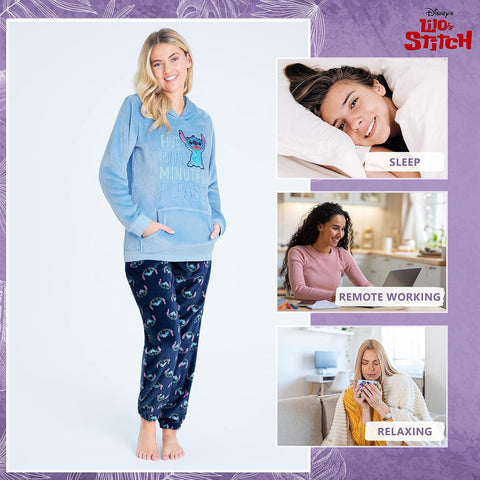 Disney Stitch Womens 2Pc Fleece Pajama Set, Plush Loungewear with Hood, Minnie Eeyore Simba S–XL Sleepwear Gifts for Women