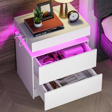 LIKIMIO Nightstand with Charging Station LED Light and 2 Drawers White