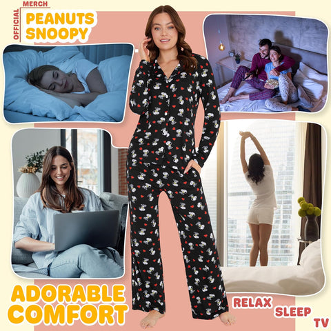 Peanuts Snoopy Pajamas for Women Set Long Sleeve Lounge Top PJ Pants Sleepwear Cute Nightwear Loungewear Gifts for Women