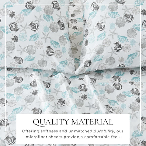 Great Bay Home King Coastal Microfiber Sheet Set - 4-Piece Nautical-Printed, Ultra-Soft Sheets - Beach-Themed Bedding Sheets & Pillowcases (Seashell)