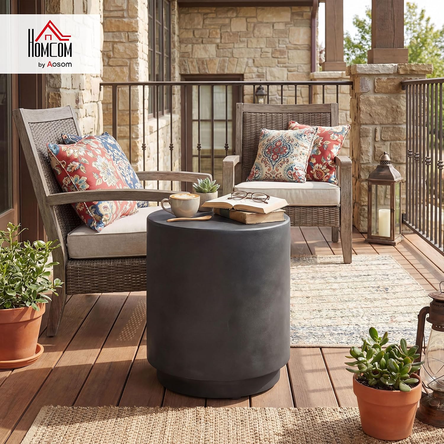 HOMCOM Outdoor Side Table Round Small End Table Concrete Finish Dark Gray