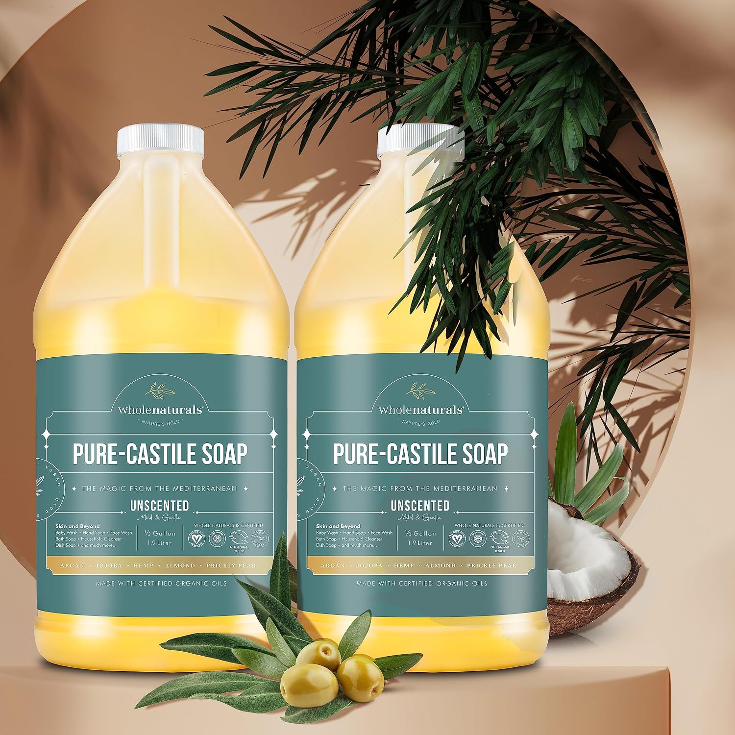 WHOLENATURALS Pure Castile Soap Liquid Unscented, EWG Verified & Certified Palm Oil Free-1 gallon (64oz x2 bottles) Natural, Mild & Gentle Non-gmo & Vegan-Organic Body Wash, Laundry & Baby Soap