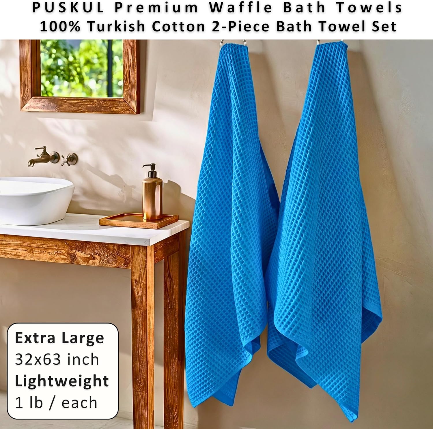 PÜSKÜL Natural 100% Turkish Cotton Waffle Bath Towels Set of 2, Extra-Large