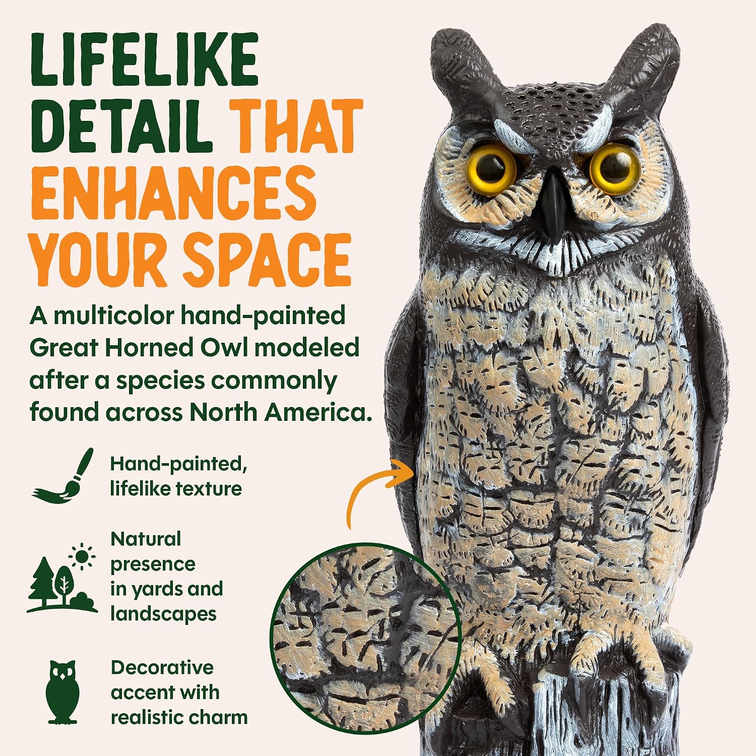 Dalen Lifelike Great Horned Owl Decoy Bird Repellent - 16-in Hand-Painted