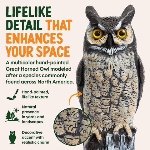 Dalen Lifelike Great Horned Owl Decoy Bird Repellent - 16-in Hand-Painted